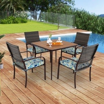 5 Pieces Patio Dining Set 4 Cushioned Rattan Armchairs and Square Table 5 Pieces Patio Dining Set 4 Cushioned Rattan Armchairs and Square Table
