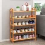 5 Tier Bamboo Shoe Rack with Two Rounded Handle for 15 Pairs
