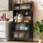 5 Tier Kitchen Bakers Rack with Lights Multifunctional Microwave Stand with Flip Door Cabinets