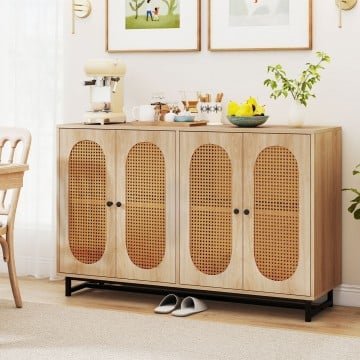 50 Inch Buffet Sideboard Cabinet with 4 Rattan Doors and Adjustable Shelves
