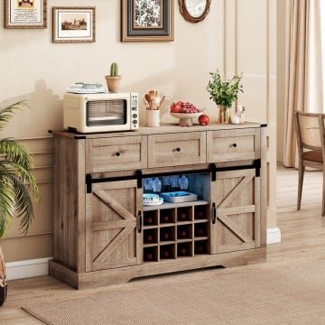 52 Inches Wine Bar Cabinet with LED Lights and Sliding Barn Doors 52 Inches Wine Bar Cabinet with LED Lights and Sliding Barn Doors