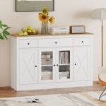 55 inch Large Buffet Sideboard Kitchen Storage Cabinet with 3 Drawers 2 See-through Doors Adjustable Shelves Wine Bar Table