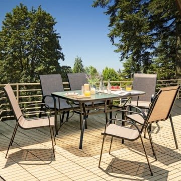 6 Pieces Patio Stackable Dining Chairs with Curved Armrests and Breathable Fabric 6 Pieces Patio Stackable Dining Chairs with Curved Armrests and Breathable Fabric