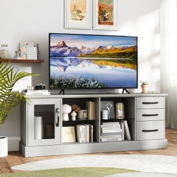 63 Inches Media Console Table with 3 Drawers and 2 Glass Shelves 63 Inches Media Console Table with 3 Drawers and 2 Glass Shelves