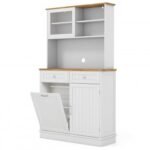 68 Inch Double Tilt Out Trash Cabinet with Hutch and Rubber Wood Countertop