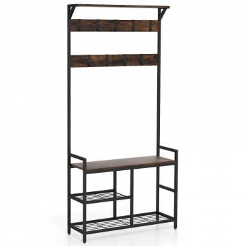 71 Inch Freestanding Hall Tree with Shoe Bench and 9 Removable Hooks