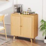 Bamboo Buffet Storage Cabinet with PE Rattan Doors and Freestanding Kitchen Cupboard