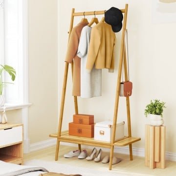 Bamboo Clothes Rack with Hanging Rod Rattan Shelf and Copper Hooks