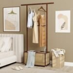 Bamboo Clothes Rack with Rattan Storage Basket and Wheels