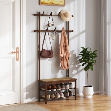 Bamboo Coat Rack PE Rattan Hall Tree with Bench and Shoe Storage 3-In-1 Entryway Bench