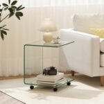 C-Shaped End Table Modern Tempered Glass Side Table with Shelf