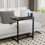 C-shaped End Table with Wheels Mobile Bedside Table with Built-in Phone Slot