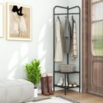 Corner Coat Rack with Top Hanger and 2 Mesh Shelves for Entryway Hallway Living Room Bedroom