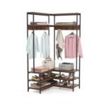 Corner Garment Rack with Open Shelves and 7 Hooks Shoe Bench