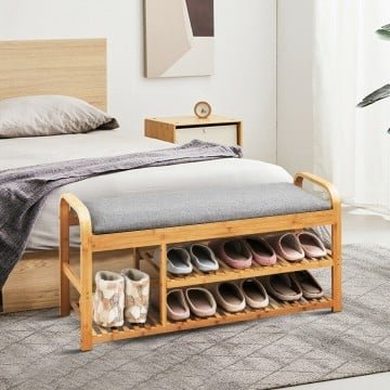 Entryway 3-Tier Bamboo Shoe Rack Bench with Cushion Entryway 3-Tier Bamboo Shoe Rack Bench with Cushion