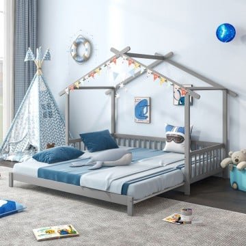 Extendable House Bed Twin to King Daybed with Roof and Fence Rails Extendable House Bed Twin to King Daybed with Roof and Fence Rails