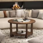Farmhouse Accent Round Coffee Table with 2-Tone Tabletop and Open Storage Shelf for Living Room