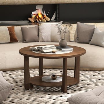 Farmhouse Accent Round Coffee Table with 2-Tone Tabletop and Open Storage Shelf for Living Room Farmhouse Accent Round Coffee Table with 2-Tone Tabletop and Open Storage Shelf for Living Room