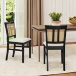 Farmhouse Rattan Dining Chair Set of 2 with Rubber Wood Legs and Cane Back