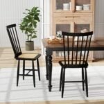 Farmhouse Solid Rubber Wood Dining Chairs Set of 2 with PE Rattan Seats