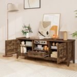 Farmhouse TV Stand for 65 Inch TVs with 2 Woven Accent Doors and 3 Adjustable Shelves