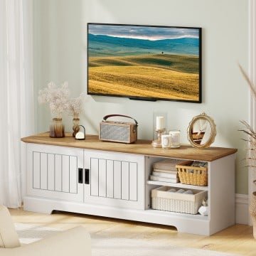 Farmhouse TV Stand for TVs up to 65 Inch with Sliding Doors and Storage Cabinets Farmhouse TV Stand for TVs up to 65 Inch with Sliding Doors and Storage Cabinets