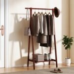 Folding Rubber Wood Clothes Hanging Rack Standing Garment Rack with Bottom Storage Shelf