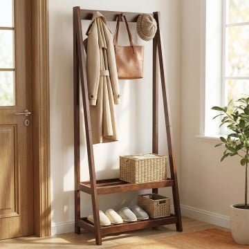 Freestanding Clothes Rack with 3 Hooks and 2 Shelves