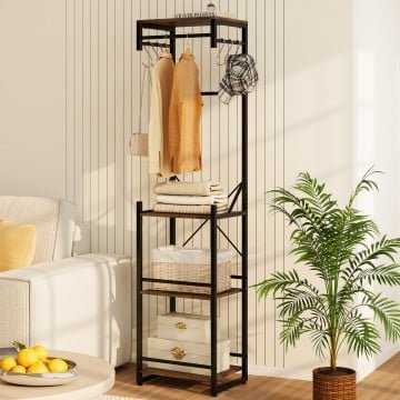 Freestanding Coat Rack with 4 Storage Shelves and 6 Hooks