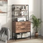 Freestanding File Cabinet with Charging Station and 3-Tier Open Shelves