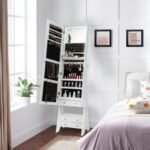 Freestanding Full Length LED Mirrored Jewelry Armoire with 6 Drawers and 3-Color LED Lights