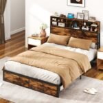 Full/King Size Bed Frame with Storage Headboard Industrial Metal Platform Bed