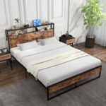 Full/Queen Bed Frame with 2-Tier Storage Headboard and Charging Station
