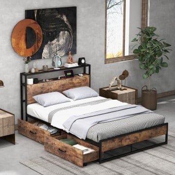 Full/Queen Bed Frame with 2-Tier Storage Headboard