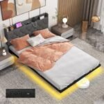 Full/Queen Size Floating Bed Frame with LED and Headboard and Charging Station