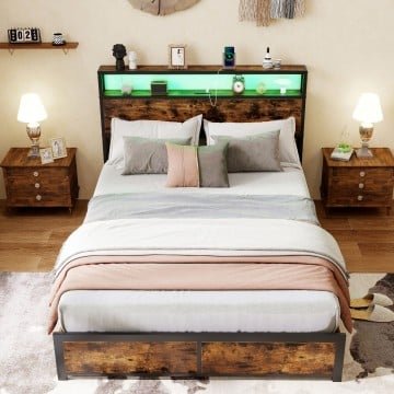 Full/Queen Size LED Bed Frame with Charging Station and 4 Storage Drawers Full/Queen Size LED Bed Frame with Charging Station and 4 Storage Drawers