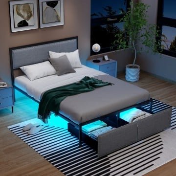 Full/Queen/Twin Size Bed Frame with LED Lights Drawer and Metal Slats Full/Queen/Twin Size Bed Frame with LED Lights Drawer and Metal Slats