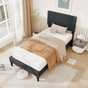 Full/Queen/Twin Size Bed Frame with Vertical Channel Tufted Headboard and Wooden Slats