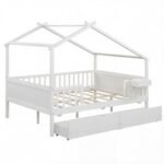 Full Size House Bed with Roof and Fence Rails for Kid