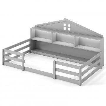 Full Size Montessori Floor Bed with Storage Compartments and Shelf