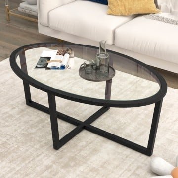 Glass Coffee Table Oval Living Room Table with Cross Base and Acacia Wood Legs Glass Coffee Table Oval Living Room Table with Cross Base and Acacia Wood Legs