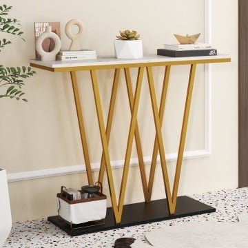 Gold Entryway Table 40 Inch Modern Console Table with Faux Marble Table and Metal Frame