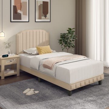 Heavy Duty Upholstered Bed Frame with Rivet Headboard Heavy Duty Upholstered Bed Frame with Rivet Headboard