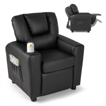 Kids Recliner Chair PU Leather Push Back Toddler Recliner with Cup Holder and Side Pocket