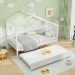 Kids Twin Size House Bed with Trundle and Roof