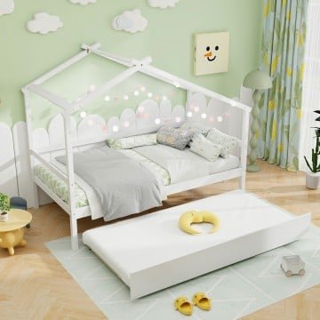 Kids Twin Size House Bed with Trundle and Roof