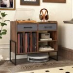 Large Record Player Stand with Charging Station Mid Century Modern Vinyl Storage Cabinet