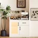 LED Buffet Sideboard with Charging Station with Drawer and Translucent Fluted Door