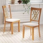 Linen Fabric Upholstered Wooden Dining Chair Set of 2 with Rubber Wood Frame for Dining Room