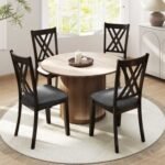 Linen Fabric Upholstered Wooden Dining Chair Set of 4 with Rubber Wood Frame for Dining Room